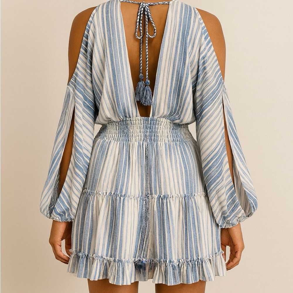 MISA Los Angeles Blue & White Striped Smocked Mini Dress with Ruffle Hem